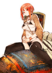 Rule 34 | 1girl, bag, belt, bikini, black bikini, black collar, black thighhighs, bracelet, camel, carpet, collar, frown, hand on own stomach, highres, jewelry, long sleeves, micro bikini, midriff, navel, original, own hands together, red eyes, red hair, shield, simple background, solo, swimsuit, thighhighs, toi8, white background