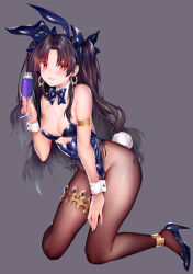 Rule 34 | 1girl, animal ears, anklet, armlet, bare shoulders, black hair, black leotard, blue ribbon, blush, bow, bowtie, breasts, commentary request, cup, detached collar, drink, drinking glass, earrings, fake animal ears, fate/grand order, fate (series), fishnet pantyhose, fishnets, full body, grey background, hair ribbon, hand on own thigh, hand on thigh, high heels, highleg, highleg leotard, highres, hip focus, hoop earrings, ishtar (fate), jewelry, kneeling, legs, leotard, long hair, looking at viewer, medium breasts, obiwan, pantyhose, parted bangs, parted lips, playboy bunny, rabbit ears, rabbit tail, red eyes, ribbon, saint quartz (fate), shiny clothes, shiny skin, simple background, smile, solo, strapless, strapless leotard, tail, thighlet, thighs, tiara, two side up, wrist cuffs