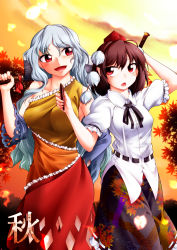 Rule 34 | 0-den, 2girls, absurdres, autumn leaves, autumn leaves print, bare shoulders, black hair, blouse, blush, bow, cloud, hat, hatchet, highres, holding, holding pen, leaf print, long hair, looking at another, multiple girls, nata (tool), pen, pointy ears, pom pom (clothes), red bow, red eyes, red hat, red ribbon, ribbon, ribbon-trimmed skirt, ribbon trim, sakata nemuno, shameimaru aya, shirt, short hair, silver hair, touhou, very long hair, wavy hair, white shirt