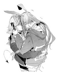 Rule 34 | 2girls, amiya (arknights), animal ears, arknights, blush, carrying, carrying person, choker, demon tail, ear blush, flying sweatdrops, greyscale, haize, holding another&#039;s horns, horns, hug, jacket, jewelry, long hair, long sleeves, looking at another, monochrome, multiple girls, multiple rings, neck blush, ponytail, rabbit ears, ring, short hair, tail, w (arknights), yuri