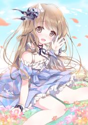 Rule 34 | 1girl, :d, absurdres, ame usari, bad id, bad pixiv id, bare shoulders, blue dress, blue sky, blurry, blurry foreground, blush, breasts, brown eyes, cleavage, cloud, commentary request, day, depth of field, dress, flower, grass, hand up, head tilt, highres, idolmaster, idolmaster cinderella girls, light brown hair, long hair, looking at viewer, off-shoulder dress, off shoulder, on floor, on grass, open mouth, outdoors, petals, pink flower, plaid, plaid dress, puffy short sleeves, puffy sleeves, red flower, short sleeves, sitting, sky, small breasts, smile, solo, very long hair, wariza, yorita yoshino
