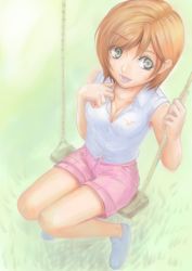Rule 34 | 1girl, audrey burne, bad id, bad pixiv id, breasts, cleavage, collarbone, from above, gradient background, grass, grey eyes, gundam, gundam unicorn, hand on own chest, kabocha (chabomaru4), loafers, looking at viewer, looking up, open mouth, orange hair, shirt, shoes, shorts, sleeveless, sleeveless shirt, solo, swing
