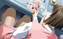 Rule 34 | 1girl, brown eyes, brown hair, corded phone, desk, dutch angle, flower, from behind, game cg, glasses, hana no kioku 4, office lady, pantyhose, phone, pornography, short hair, skyhouse, solo, viewing pornography