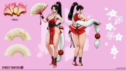 1girl ass black_hair breasts capcom character_sheet cleavage fatal_fury female_focus folding_fan full_body hand_fan high_ponytail highres holding holding_fan large_breasts long_hair looking_at_viewer motoyui official_art pelvic_curtain pink_background ponytail revealing_clothes shiranui_mai snk solo standing stirrup_footwear street_fighter street_fighter_6 thighs toes