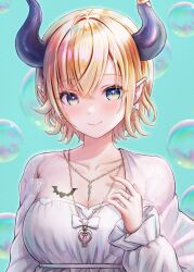 Rule 34 | 1girl, black horns, blonde hair, blue eyes, blush, breast tattoo, breasts, cleavage, closed mouth, demon girl, demon horns, highres, hololive, horns, large breasts, looking at viewer, official alternate costume, pointy ears, short hair, smile, solo, swept bangs, tattoo, upper body, virtual youtuber, wajuniorbox, yuzuki choco, yuzuki choco (7th costume)