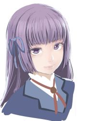 Rule 34 | 1girl, bad id, bad twitter id, blue ribbon, closed mouth, copyright request, hair ribbon, long hair, looking at viewer, portrait, purple eyes, purple hair, ribbon, simple background, smile, solo, tasaka shinnosuke, white background