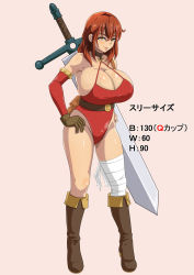Rule 34 | 1girl, bandages, belt, big sword, blush, boots, breasts, brown gloves, character profile, cleavage, closed mouth, cup size, elbow gloves, feet, female focus, full body, genderswap, genderswap (mtf), gloves, greatsword, groin, hair between eyes, hands on own hips, highres, huge breasts, impossible clothes, legs, legs apart, leotard, light blush, long hair, looking at viewer, measurements, nose blush, ore ga isekai tensei shitara bakunyuu bijo ni natta., original, red hair, red leotard, simple background, smile, solo, sword, thighs, three sizes, weapon, weapon on back, yellow eyes