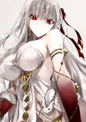 Rule 34 | 1girl, armlet, bare shoulders, belly chain, body markings, breasts, cleavage, colored skin, dress, durga (fate), earrings, facial mark, fate/grand order, fate (series), forehead mark, gradient skin, grey hair, hair ribbon, highres, jewelry, kino kokko, large breasts, long hair, looking at viewer, pelvic curtain, red eyes, red skin, revealing clothes, ribbon, sash, snake, solo, very long hair, white dress
