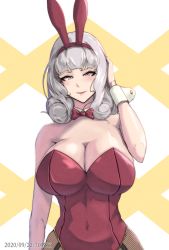 Rule 34 | 1girl, alternate costume, animal ears, breasts, carmilla (fate), covered navel, curly hair, detached collar, fake animal ears, fate/grand order, fate (series), fishnet pantyhose, fishnets, grey hair, highres, large breasts, leotard, long hair, pantyhose, playboy bunny, rabbit ears, red eyes, red leotard, solo, strapless, strapless leotard, upper body, zumizu