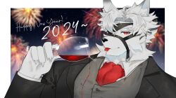 Rule 34 | 1boy, 2024, animal ears, ascot, black suit, claws, colored tips, cup, drink, drinking glass, eyepatch, fireworks, formal, furry, furry male, grey vest, happy new year, highres, holding, holding cup, holding drink, jujurlyreckless, looking at viewer, male focus, multicolored hair, new year, one eye covered, red ascot, red eyes, red wine, saliva, saliva trail, shirt, spilling, suit, tongue, tongue out, upper body, vest, von lycaon, white shirt, wine glass, wolf boy, wolf ears, zenless zone zero