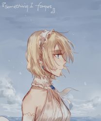 Rule 34 | 1girl, alice margatroid, alternate costume, bad id, bad twitter id, bare shoulders, blonde hair, blue eyes, detached sleeves, dress, earrings, from side, hairband, jewelry, looking away, meng ziya, parted lips, profile, short hair, solo, touhou, white dress