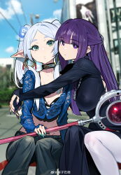 Rule 34 | 2girls, absurdres, alternate costume, back cutout, black bra, black dress, black pants, blue shirt, blunt bangs, blurry, blurry background, bra, breasts, building, butterfly hair ornament, choker, cleavage, closed mouth, clothing cutout, cloud, contemporary, cropped shirt, dress, earrings, elf, fern (sousou no frieren), flower, frieren, green eyes, green nails, hair flower, hair ornament, hair pulled back, hairclip, highres, holding, holding staff, hoop earrings, hug, jewelry, large breasts, long hair, looking at viewer, mage staff, midriff, multiple girls, necklace, outdoors, pants, pantyhose, phone, pointy ears, purple eyes, purple hair, purple nails, see-through, shirt, sitting, sleeves past wrists, small breasts, sousou no frieren, staff, tizibade, tree, underwear, white hair
