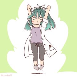 Rule 34 | 1girl, arms up, black pants, coat, coroha, full body, green background, green hair, jumping, kako (kemono friends), kemono friends, kemono friends 3, long hair, looking at viewer, pants, pen, purple shirt, ribbon, shirt, shoes, simple background, solo, white coat