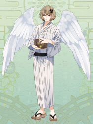 Rule 34 | 1boy, august altner, cage, dairoku ryouhei, feathered wings, full body, geta, green background, hair ornament, highres, japanese clothes, kimono, looking at viewer, male focus, short hair, soji natori (tw), solo, standing, star (symbol), star hair ornament, white kimono, white wings, wings
