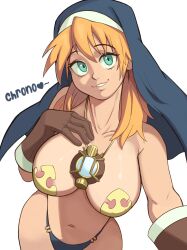 Rule 34 | 1girl, areola slip, blue eyes, blue headwear, blue panties, breasts, brown gloves, chrno crusade, collarbone, commentary, english commentary, english text, gloves, habit, highres, jewelry, large breasts, long hair, looking at viewer, milkmountain, navel, o-ring, o-ring bottom, o-ring panties, orange hair, panties, pasties, pendant, rosette christopher, selfie, solo, underwear, white background
