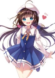 Rule 34 | 10s, 1girl, :d, ahoge, beret, blue eyes, blush, brown hair, commentary request, hat, heart, hinatsuru ai, long hair, long sleeves, open mouth, ryuuou no oshigoto!, sakura hiyori, school uniform, simple background, smile, solo, twintails, twitter username, white background, white hat