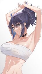 Rule 34 | 1girl, absurdres, ahoge, armpits, arms up, ausseh1, bandages, bandeau, bare arms, bare shoulders, black choker, blue eyes, breasts, chest sarashi, choker, cleavage, commentary request, gradient background, grey background, highres, kson, large breasts, looking at viewer, midriff, navel, ponytail, purple hair, sarashi, short hair, sidelocks, smile, solo, stomach, strapless, tube top, upper body, virtual youtuber, vshojo, white background