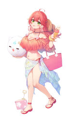 1girl 35p_(sakura_miko) :p absurdres ahoge alternate_costume blush breasts bucket cleavage clothes_around_waist food hair_ornament hat highres holding holding_food holding_ice_cream hololive ice_cream large_breasts looking_at_viewer maguchi_(sakura_miko) navel sakura_miko sandals scrunchie simple_background solo straw_hat swimsuit tang-du tongue tongue_out virtual_youtuber white_background wrist_scrunchie