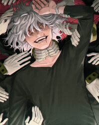 Rule 34 | 1boy, black shirt, boku no hero academia, collarbone, disembodied hand, extra hands, fingernails, grey hair, hair between eyes, hand on own arm, long sleeves, looking at viewer, male focus, mole, mole under mouth, red eyes, rnuyvm, scar, scar on face, scar on mouth, shigaraki tomura, shirt, short hair, solo