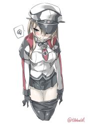 Rule 34 | 10s, 1girl, anchor, bad id, bad twitter id, black skirt, blonde hair, blue eyes, blush, breasts, clothes pull, cropped legs, cross, ebifurya, embarrassed, gloves, graf zeppelin (kancolle), hat, highres, inactive account, iron cross, kantai collection, long sleeves, looking away, necktie, pantyhose, pantyhose around knees, pantyhose pull, peaked cap, pleated skirt, shirt, simple background, skirt, solo, spoken squiggle, squiggle, thigh gap, twintails, twitter username