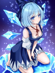 Rule 34 | 1girl, :o, arms between legs, bare legs, bare shoulders, barefoot, blue background, blue bow, blue dress, blue eyes, blue hair, blush, bow, breasts, cirno, cleavage, clothes grab, collarbone, downblouse, dress, dress grab, feet, frilled skirt, frills, gradient background, ice, ice wings, kneeling, leaning forward, light particles, looking at viewer, loose clothes, medium hair, mktr (princess mktr), neck ribbon, puffy short sleeves, puffy sleeves, red ribbon, ribbon, shirt, short sleeves, skirt, small breasts, solo, swept bangs, thighs, touhou, white shirt, wings
