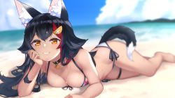 Rule 34 | 1girl, :d, animal ears, ass, barefoot, beach, bikini, black hair, blue sky, blurry, breasts, choker, cleavage, cloud, commentary request, day, depth of field, front-tie bikini top, front-tie top, halterneck, head rest, highres, hololive, horizon, looking at viewer, lying, multicolored hair, on stomach, ookami mio, ookami mio (hololive summer 2019), open mouth, side-tie bikini bottom, sky, smile, solo, streaked hair, string bikini, sweat, swimsuit, tail, virtual youtuber, white bikini, wolf ears, wolf tail, yamabuki7979, yellow eyes