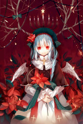 Rule 34 | 1girl, angel wings, bad id, bad pixiv id, braid, candle, capelet, cross, dhiea, dress, flower, hat, original, poinsettia, red eyes, silver hair, smile, solo, star (symbol), white dress, wings