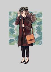 Rule 34 | 1girl, absurdres, bag, brown eyes, brown hair, expressionless, goggles, hair over one eye, hat, highres, holding, holding bag, holding clothes, holding hat, jacket, leaf print, long hair, looking to the side, messy hair, nanakawa (nanasoon), original, pants, pants rolled up, shoes, simple background, solo, watch