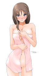 Rule 34 | 1girl, bare shoulders, blush, breasts, brown hair, cleavage, covered erect nipples, female pubic hair, large breasts, long hair, naked towel, navel, open towel, original, pubic hair, purple eyes, ryouzou, shiny skin, signature, simple background, solo, towel