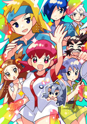 3girls 5boys :d :o ^_^ anidler91 aqua_background blonde_hair blue_eyes blue_hair blue_headband brown_eyes brown_hair bugsy_(pokemon) butterfly_net chuck_(pokemon) clair_(pokemon) closed_eyes creatures_(company) dress facial_hair falkner_(pokemon) furrowed_brow game_freak green_shirt green_shorts hair_bobbles hair_ornament hair_over_one_eye hand_net headband highres holding holding_butterfly_net jasmine_(pokemon) long_hair morty_(pokemon) multiple_boys multiple_girls mustache nintendo no_sclera old old_man open_mouth pink_eyes pink_hair pokemon pokemon_gsc ponytail pryce_(pokemon) shirt short_hair shorts smile twintails two_side_up white_dress white_shirt white_shorts whitney_(pokemon)