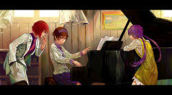 Rule 34 | 3girls, brown eyes, brown hair, dress, hand in pocket, highres, horikawa raiko, instrument, jacket, letterboxed, long hair, long sleeves, multiple girls, necktie, onion (onion and pi-natto), open clothes, open jacket, open mouth, piano, playing instrument, playing piano, purple hair, red eyes, red hair, shirt, short hair, sitting, skirt, touhou, tsukumo benben, tsukumo yatsuhashi, twintails, very long hair, yellow dress