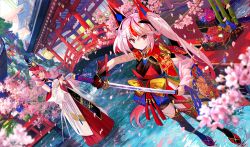 Rule 34 | 2girls, ahoge, architecture, bamboo, bare shoulders, black legwear, blurry, cherry blossoms, depth of field, dutch angle, east asian architecture, flower, fuzichoco, gloves, hair ornament, hakama, hakama skirt, hat, holding, holding sword, holding weapon, japanese clothes, katana, long hair, looking at viewer, multicolored hair, multiple girls, obi, off shoulder, original, outdoors, petals, pink flower, pink hair, red eyes, red flower, red footwear, red hair, ripples, sash, side ponytail, single glove, skirt, standing, standing on liquid, sword, thighhighs, two-tone hair, water, weapon, white hair