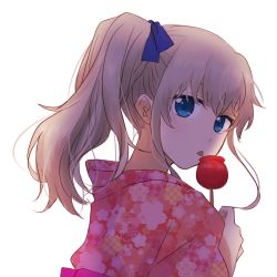 Rule 34 | 10s, 1girl, blue eyes, candy apple, charlotte (anime), highres, japanese clothes, kimono, licking, long hair, ponytail, silver hair, simple background, solo, sunohara (marble0131), tomori nao, yukata