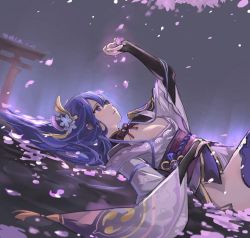Rule 34 | 1girl, arm up, armor, blush, braid, breasts, bridal gauntlets, cherry blossoms, cleavage, commentary, english commentary, falling petals, feet out of frame, genshin impact, hair ornament, issign, japanese clothes, kimono, large breasts, light blush, long hair, long sleeves, looking up, low-braided long hair, low-tied long hair, lying, mitsudomoe (shape), obi, obiage, obijime, on back, pauldrons, petals, print sleeves, purple eyes, purple hair, purple kimono, purple thighhighs, raiden shogun, sash, short kimono, shoulder armor, single pauldron, solo, tassel, thighhighs, thighs, tomoe (symbol), torii