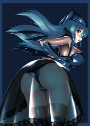 Rule 34 | 1girl, ass, bat wings, blue border, blue gloves, blue hair, blue hat, blue panties, blue wings, blush, border, breasts, brown thighhighs, cameltoe, covered erect nipples, demon girl, elbow gloves, floating hair, from behind, gloves, hat, highres, jester cap, lace, lace-trimmed skirt, lace trim, large breasts, leaning forward, long hair, mabinogi, open mouth, panties, see-through, see-through skirt, shinjou satomi, shiny clothes, sideways mouth, skirt, solo, standing, straight hair, succubus (mabinogi), teeth, thighhighs, underwear, upper teeth only, wings, yellow eyes