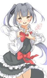 Rule 34 | 1girl, alternate costume, brown eyes, calin, commentary request, cowboy shot, dated, dress, frilled dress, frilled jacket, frills, grey hair, heart, heart hands, highres, jacket, kantai collection, kasumi (kancolle), long hair, long sleeves, one-hour drawing challenge, side ponytail, signature, simple background, solo, standing, white background, white jacket