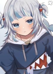 Rule 34 | 1girl, 852 box, absurdres, animal costume, animal hood, blue eyes, blue hair, blue hoodie, blunt bangs, blush, eyebrows hidden by hair, fins, fish tail, gawr gura, gawr gura (1st costume), hair ornament, highres, hololive, hololive english, holomyth, hood, hoodie, long sleeves, looking at viewer, medium hair, multicolored hair, shark costume, shark girl, shark hair ornament, shark hood, shark tail, sleeves past wrists, solo, streaked hair, tail, two side up, virtual youtuber, white hair, wide sleeves