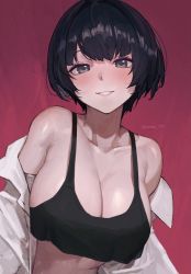 Rule 34 | 1girl, artist name, bad id, bad pixiv id, bare shoulders, black tank top, blush, breasts, cleavage, collarbone, crop top, grin, highres, large breasts, looking at viewer, off shoulder, original, parted lips, short hair, smile, solo, sooon, stomach, tank top, teeth