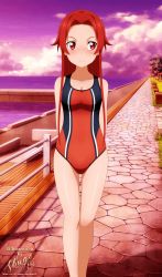 Rule 34 | 1girl, bare arms, bare legs, bare shoulders, beach, blush, breasts, cleavage, collarbone, feet out of frame, female focus, highres, long hair, medium breasts, one-piece swimsuit, outdoors, red eyes, red hair, red one-piece swimsuit, shugo19, signature, solo, swimsuit, sword art online, sword art online: alicization, tiese schtrinen, water