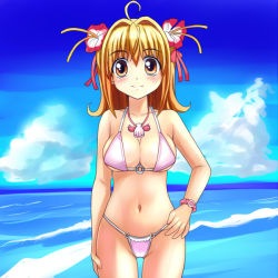 Rule 34 | 00s, 1girl, bikini, blonde hair, bracelet, breasts, brown eyes, cameltoe, cleavage, day, flower, groin, hand on own hip, hip focus, jewelry, large breasts, mermaid melody pichi pichi pitch, miru, nanami lucia, necklace, o-ring, o-ring top, pink bikini, short hair, solo, swimsuit, thigh gap, thighs, thong bikini