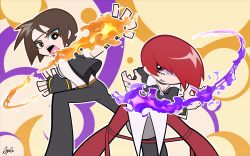 Rule 34 | 2boys, absurdres, apollo (pixiv884782), blouse, brown hair, fingerless gloves, fire, gloves, hair over one eye, headband, highres, kusanagi kyou, male focus, multiple boys, open mouth, panty &amp; stocking with garterbelt, purple fire, pyrokinesis, red hair, school uniform, shirt, teeth, the king of fighters, upper teeth only, white shirt, yagami iori