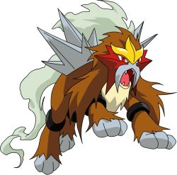 Rule 34 | animal focus, artist request, brown fur, creatures (company), entei, full body, game freak, gen 2 pokemon, highres, jumping, legendary pokemon, looking at viewer, nintendo, no humans, non-web source, official art, open mouth, pokemon, pokemon (anime), pokemon (classic anime), pokemon (creature), red eyes, sharp teeth, simple background, solo, spikes, teeth, transparent background