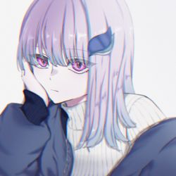 Rule 34 | 1girl, beige sweater, black jacket, chromatic aberration, feather hair ornament, grey background, hair ornament, hand on own face, highres, jacket, lize helesta, looking at viewer, natsume hinako, nijisanji, off shoulder, purple eyes, silver hair, solo, sweater, turtleneck, turtleneck sweater, upper body, virtual youtuber