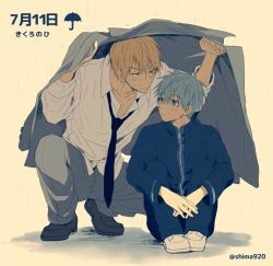 Rule 34 | 2boys, black footwear, black neckwear, blonde hair, blue eyes, blue hair, blue jacket, blue pants, blush, collarbone, collared shirt, commentary request, dated, dripping, eye contact, grey jacket, grey pants, hair between eyes, holding, holding clothes, holding jacket, hugging own legs, improvised umbrella, jacket, unworn jacket, kise ryouta, kuroko no basuke, kuroko tetsuya, long sleeves, looking at another, loose necktie, male focus, mashima shima, multiple boys, necktie, own hands together, pants, rain, school uniform, shadow, shared clothes, shared coat, shirt, shoes, short hair, sitting, squatting, track jacket, track pants, track uniform, twitter username, water drop, wet, wet face, wet hair, white footwear, white shirt, yaoi, yellow background, yellow eyes