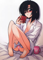 Rule 34 | 1girl, absurdres, artist request, barefoot, black hair, blush, book, breasts, brown eyes, cleavage, cup, highres, izumi iko, legs, no bra, one eye closed, oni uta, open clothes, open mouth, open shirt, original, panties, shirt, short hair, sitting, solo, striped clothes, striped panties, underwear, wink
