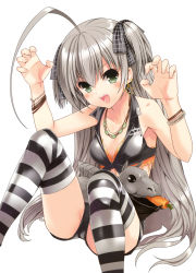 Rule 34 | 1girl, :d, absurdres, ahoge, animal, artist request, bare shoulders, bikini, bikini top only, bracelet, carrot, earrings, front-tie top, green eyes, grey hair, hair between eyes, haiyore! nyaruko-san, highres, huge ahoge, jewelry, kamen rider, koin (foxmark), long hair, necklace, nyarlathotep (nyaruko-san), official art, open clothes, open mouth, open shirt, orange bikini, ribbon, shantak (nyaruko-san), shirt, short shorts, shorts, simple background, sitting, sleeveless, smile, solo, source request, star (symbol), striped clothes, striped thighhighs, swimsuit, textless version, thighhighs, twintails, very long hair, white background