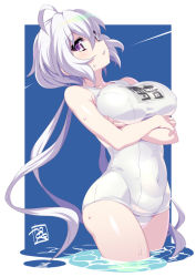 Rule 34 | 1girl, ahoge, blush, breasts, covered erect nipples, covered navel, crossed arms, gummyrise, large breasts, long hair, looking at viewer, low twintails, name tag, old school swimsuit, one-piece swimsuit, purple eyes, school swimsuit, senki zesshou symphogear, shiny skin, silver hair, skin tight, solo, standing, swimsuit, twintails, water, wet, white one-piece swimsuit, yukine chris