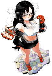 Rule 34 | 1girl, armpits, bare shoulders, belt, black hair, blush, breasts, clenched hands, earrings, final fantasy, final fantasy vii, fingerless gloves, gloves, grey socks, highres, jewelry, kafun, long hair, looking at viewer, midriff, navel, pencil skirt, red eyes, simple background, skirt, smile, socks, solo, suspenders, suspenders pull, sweat, tank top, tifa lockhart, very long hair, white background