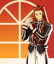 Rule 34 | 00s, 1boy, ahoge, alternate costume, asch (tales), belt, formal, gloves, gradient background, green eyes, highres, jeniasse, long hair, male focus, pants, red hair, serious, sidelocks, solo, tales of (series), tales of the abyss, white gloves