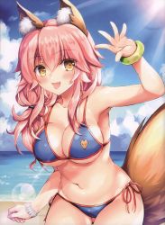 Rule 34 | 1girl, :d, absurdres, animal ear fluff, animal ears, armpits, beach, bikini, blue bikini, blue sky, bracelet, breasts, cleavage, cloud, cowboy shot, day, fang, fate/extra, fate (series), fox ears, fox tail, fukase ayaka, gluteal fold, highres, jewelry, large breasts, lens flare, long hair, looking at viewer, navel, open mouth, outdoors, pink hair, scan, side-tie bikini bottom, sky, smile, solo, standing, stomach, sunlight, swimsuit, tail, tamamo (fate), tamamo no mae (fate/extra), tamamo no mae (swimsuit lancer) (fate), water, waving, yellow eyes